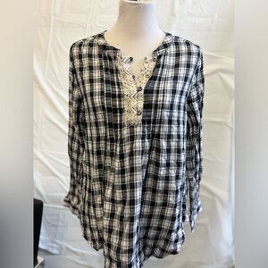 Women’s New Kori America Boho Style Boutique Plaid Top With Lace‎ In Large